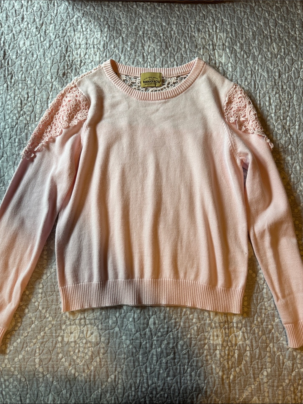 Vintage Roebuck & Co. Pale Pink Crewneck Sweater with Lace Shoulder Detail - Picture 1 of 5